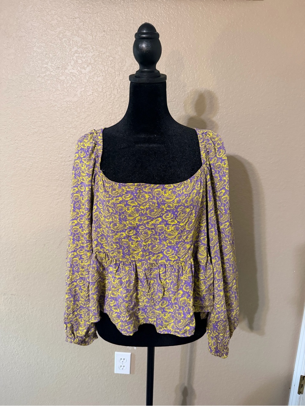 Abound Floral Square-Neck Peplum Blouse in Yellow and Purple